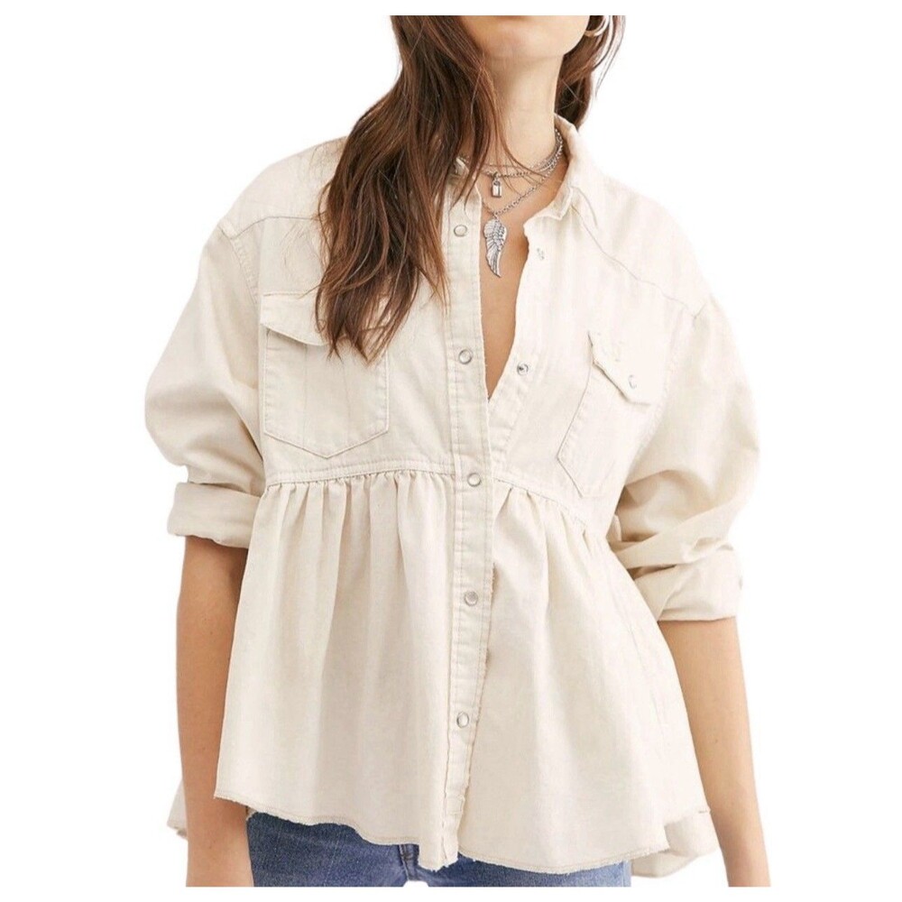 Free People We The Free Dylan Babydoll Beige Chambray Denim Snap Shirt  XL NWT